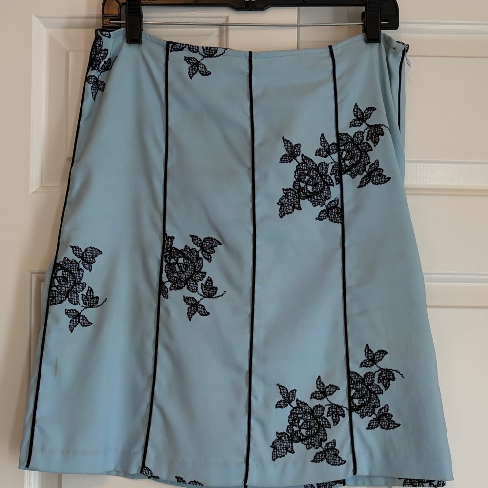 Y2K Blue Aline Skirt with Black Embroidered Flowers